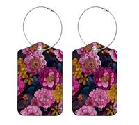 2 Pack Leather Luggage Tag, Abstract Bright Pink Flower Travel Cruise Suitcases Tag Identifiers, Privacy Cover Name ID Label with Stainless Steel Loop