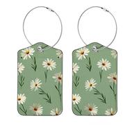 2 Pack Leather Luggage Tag, Daisies on a Light Green Background Travel Cruise Suitcases Tag Identifiers, Privacy Cover Name ID Label with Stainless Steel Loop