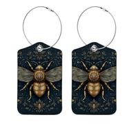 2 Pack Leather Luggage Tag, Elegant Golden Bee on a Dark Background Travel Cruise Suitcases Tag Identifiers, Privacy Cover Name ID Label with Stainless Steel Loop