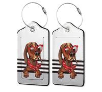 2 Pack Leather Luggage Tag for Suitcase Cool Dachshund Cute Animal Unique Suitcase Tag with Privacy Cover ID Label & Stainless Steel Loop for Women Men Suitcase Baggage,Travel Tags for Luggage