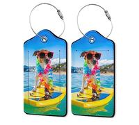 2 Pack Leather Luggage Tag for Suitcase Dog On Skateboards Seaside Vacation Unique Travel Tags with Privacy Cover ID Label & Stainless Steel Loop for Men and Women Baggage