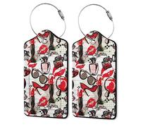 2 Pack Leather Luggage Tag for Suitcase Red Fashion Girly Pattern Unique Travel Tags with Privacy Cover ID Label & Stainless Steel Loop for Men and Women Baggage