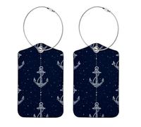 2 Pack Leather Luggage Tag, Nautical Anchor on a Navy Blue Background Travel Cruise Suitcases Tag Identifiers, Privacy Cover Name ID Label with Stainless Steel Loop