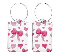 2 Pack Leather Luggage Tag, Pink Bows and Hearts on a White Background Travel Cruise Suitcases Tag Identifiers, Privacy Cover Name ID Label with Stainless Steel Loop