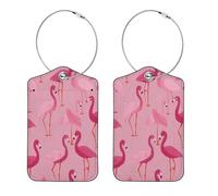 2 Pack Leather Luggage Tag, Pink Flamingos Seamless Pattern Travel Cruise Suitcases Tag Identifiers, Privacy Cover Name ID Label with Stainless Steel Loop