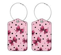 2 Pack Leather Luggage Tag, Polka Dot Pattern with Pink Bows Travel Cruise Suitcases Tag Identifiers, Privacy Cover Name ID Label with Stainless Steel Loop