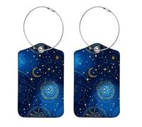 2 Pack Leather Luggage Tag, Space Zodiac Signs on Blue Sky Background Travel Cruise Suitcases Tag Identifiers, Privacy Cover Name ID Label with Stainless Steel Loop