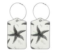 2 Pack Leather Luggage Tag, Starfish in Black on a White Background Travel Cruise Suitcases Tag Identifiers, Privacy Cover Name ID Label with Stainless Steel Loop