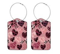 2 Pack Leather Luggage Tag, Valentine's Day Seamless Pink Heart Leopard Print Travel Cruise Suitcases Tag Identifiers, Privacy Cover Name ID Label with Stainless Steel Loop
