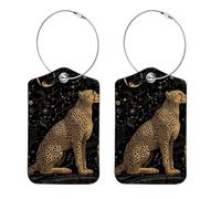 2 Pack Leather Luggage Tag, Vintage Cheetah in a Cosmic Space Travel Cruise Suitcases Tag Identifiers, Privacy Cover Name ID Label with Stainless Steel Loop
