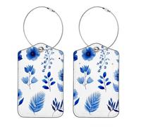 2 Pack Leather Luggage Tag, Watercolor Blue Flower Elements Travel Cruise Suitcases Tag Identifiers, Privacy Cover Name ID Label with Stainless Steel Loop
