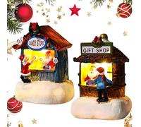 2-Pack LED Christmas Village Houses | Battery Operated Light Up Scene with Snow Cover | Mini Resin House Ornaments UKCA Certified