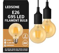 LEDSone 2 Pack, Vintage E27 Screw Bulb, LED Edison Light Bulb, G95 8W Dimmable LED Filament Globe Warm White 2700K Amber Glass, 800 Lumen CRI>90 Light Bulb, 90% Energy Saving