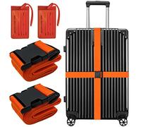 2 Pack Luggage Straps and 2 Pack Tags Sets for Suitcases, 2M x 5cm Adjustable Suitcase Belts with Quick Release Buckle, Bag Strap Case Belts - Orange