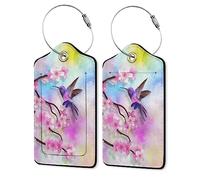 2 Pack Luggage Tag for Suitcase,Cherry Blossom Hummingbird Leather Suitcase Tags Identifiers with Privacy Name Address Labels & Durable Steel Loop for Women/Men Travel