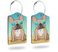 2 Pack Luggage Tag for Suitcase，Cute French Bull Dog Luggage Tags PU Leather Name ID Label and Metal Loop with Privacy Protection for Suitcase Women Men Kids Girls Travel