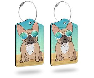 2 Pack Luggage Tag for Suitcase，Cute French Bull Dog Luggage Tags PU Leather Name ID Label and Metal Loop with Privacy Protection for Suitcase Women Men Kids Girls Travel