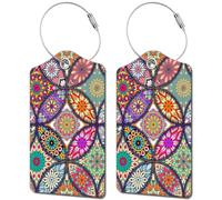 2 Pack Luggage Tag for Suitcase, Cute Unique Leather Bag Tags Identifiers Privacy Cover ID Label with Durable Steel Loop for Women Men Kids Girls Travel, Bohemia