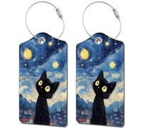 2 Pack Luggage Tag for Suitcase, Cute Unique Leather Bag Tags Identifiers Privacy Cover ID Label with Durable Steel Loop for Women Men Kids Girls Travel, Black cat Sky