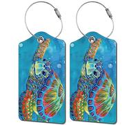 2 Pack Luggage Tag for Suitcase, Cute Unique Leather Bag Tags Identifiers Privacy Cover ID Label with Durable Steel Loop for Women Men Kids Girls Travel，TurtleA
