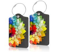 2 Pack Luggage Tag for Suitcase, Cute Unique Leather Suitcase Tags Identifiers with Privacy Name Address Labels & Durable Steel Loop for Women Men Travel, Rainbow Flower, 4.6 x 2.7 inches