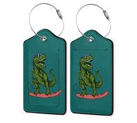 2 Pack Luggage Tag for Suitcase,Dinosaur Leather Suitcase Tags Identifiers with Privacy Name Address Labels & Durable Steel Loop for Women/Men Travel,Happy Dinosaur Surfer