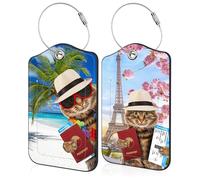 2 Pack Luggage Tag for Suitcase Funny Cat Passport Leather Travel Cruise Luggage Tag with Stainless Steel Loop Name ID Label Privacy Cover for Adults Teens Travel Bag Labels Set