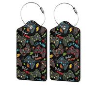 2 Pack Luggage Tag for Suitcase,Gamer Player Leather Suitcase Tags Identifiers with Privacy Name Address Labels & Durable Steel Loop for Women/Men Travel