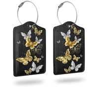 2 Pack Luggage Tag for Suitcase，Glowing Gold Butterfly Luggage Tags PU Leather Name ID Label and Metal Loop with Privacy Protection for Suitcase Women Men Kids Girls Travel