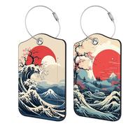 2 Pack Luggage Tag for Suitcase Japanese Retro Mountain Moon Wave Leather Travel Cruise Luggage Tag with Stainless Steel Loop Name ID Label Privacy Cover for Adults Teens Travel Bag Labels Set