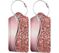 2 Pack Luggage Tag for Suitcase, Rose Gold Sparkle Glam Bling Leather Id Labels with Stainless Steel Loop Privacy Cover for Women Girls Bag Travel