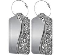 2 Pack Luggage Tag for Suitcase, Silver Faux Glitter Glam Bling Leather Id Labels with Stainless Steel Loop Privacy Cover for Women Girls Bag Travel