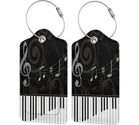 2 Pack Luggage Tag for Suitcase, Whimsical Piano and Musical Notes Leather Id Labels with Stainless Steel Loop Privacy Cover for Women Girls Bag Travel