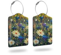 2 Pack Luggage Tag for Suitcase，White Daisies Flower Blue cornflowers Luggage Tags PU Leather Name ID Label and Metal Loop with Privacy Protection for Suitcase Women Men Kids Girls Travel