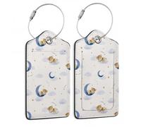 2 Pack Luggage Tags for Suitcase,Cute Teddy Bear On The Moon Leather Luggage Tag Bag Tags Identifiers Privacy Cover Id Label with Steel Loop for Women Men Girls Boys Travel