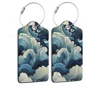 2 Pack Luggage Tags for Suitcase,Japanese Waves Leather Luggage Tag Bag Tags Identifiers Privacy Cover Id Label with Steel Loop for Women Men Girls Boys Travel