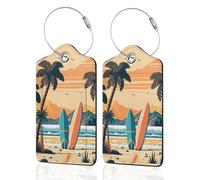 2 Pack Luggage Tags for Suitcase,Palm Trees and Surfboards On The Beach Leather Suitcase Tags Identifiers with Privacy Name Address Labels and Durable Steel Loop for Women Men Travel