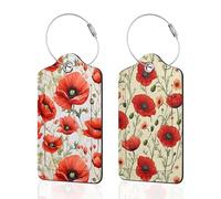 2 Pack Luggage Tags for Suitcase, Retro Poppy Flowers Leather Bag Tags Identifiers Privacy Cover ID Label with Durable Steel Loop for Women Men Kids Girls Travel