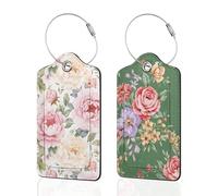 2 Pack Luggage Tags for Suitcase, Vintage Beautiful Floral Leather Bag Tags Identifiers Privacy Cover ID Label with Durable Steel Loop for Women Men Kids Girls Travel
