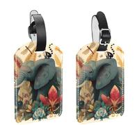 2 Pack Luggage Tags for Suitcases, an Elephant Surrounded by Tropical Plants and Dragonfly Privacy Cover ID Label Leather Bag Tags Identifiers for Baggage Travel Essentials Bag