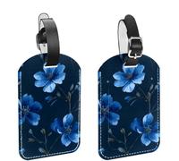 2 Pack Luggage Tags for Suitcases, Blue Flower Pattern on Dark Blue Background Privacy Cover ID Label Leather Bag Tags Identifiers for Baggage Travel Essentials Bag