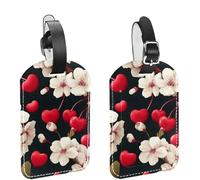 2 Pack Luggage Tags for Suitcases, Cherry Flower and Heart Seamless Pattern Privacy Cover ID Label Leather Bag Tags Identifiers for Baggage Travel Essentials Bag