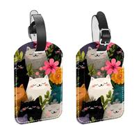 2 Pack Luggage Tags for Suitcases, Cute Cats with Various Flower Background Privacy Cover ID Label Leather Bag Tags Identifiers for Baggage Travel Essentials Bag
