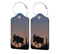 2-Pack Luggage Tags for Suitcases, Deer Mountain Pine Tree Wilderness, Personalized Aesthetic Pu Leather Baggage Tags with Privacy Protection, Luggage Identifier Travel Id Tag for Cruise Vacations