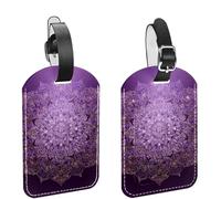 2 Pack Luggage Tags for Suitcases, Elegant Purple Mandala Flower Background Privacy Cover ID Label Leather Bag Tags Identifiers for Baggage Travel Essentials Bag