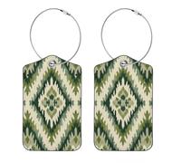 2 Pack Luggage Tags for Suitcases, Ethnic Boho Ikat Pattern in Sage Green and Cream Tones Privacy Cover ID Label Bag Tags Identifiers with Stainless Steel Loop