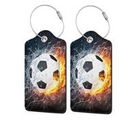 2 Pack Luggage Tags for suitcases Football Soccer Ball Luggage Tag, Leather Stainless Steel Loop Label Tag for Men Women Travel Bag Suitcase(Soccer)