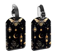 2 Pack Luggage Tags for Suitcases, Golden Bee Moon Plants Star and Flower Privacy Cover ID Label Leather Bag Tags Identifiers for Baggage Travel Essentials Bag