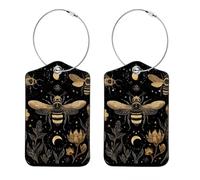 2 Pack Luggage Tags for Suitcases, Golden Bee Plants Flowers Phases of the Moon Stars Black Pattern Privacy Cover ID Label Bag Tags Identifiers with Stainless Steel Loop