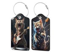 2 Pack Luggage Tags for suitcases Guitar Funny Cute cat Luggage Tag, Leather Stainless Steel Loop Label Tag for Men Women Travel Bag Suitcase(Guitar cat)